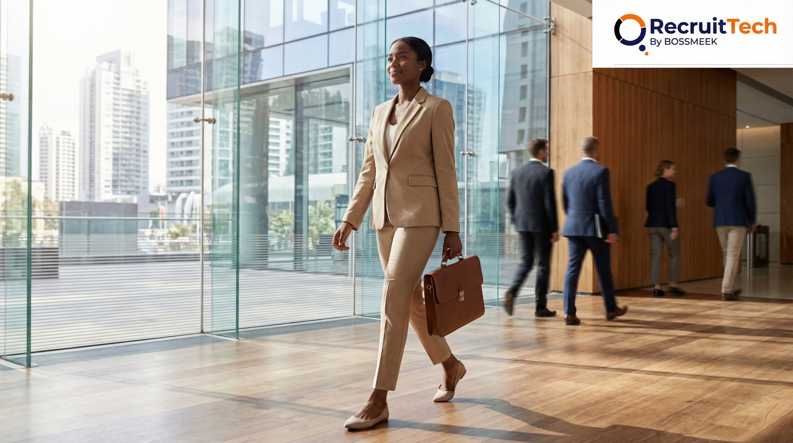 A confident professional walking through a modern office hallway, dressed in smart business attire, symbolizing career growth, ambition, and forward momentum.
