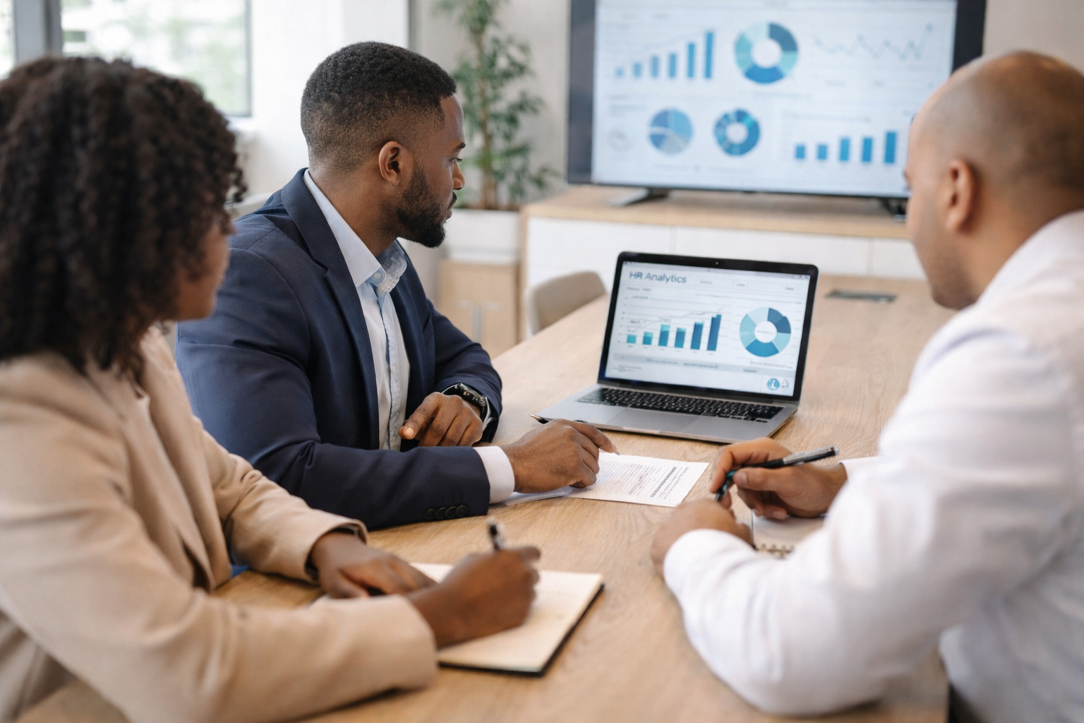 A group of professionals in a modern office reviewing data on a laptop during a strategy meeting, representing forward-thinking HR planning and workforce strategy.