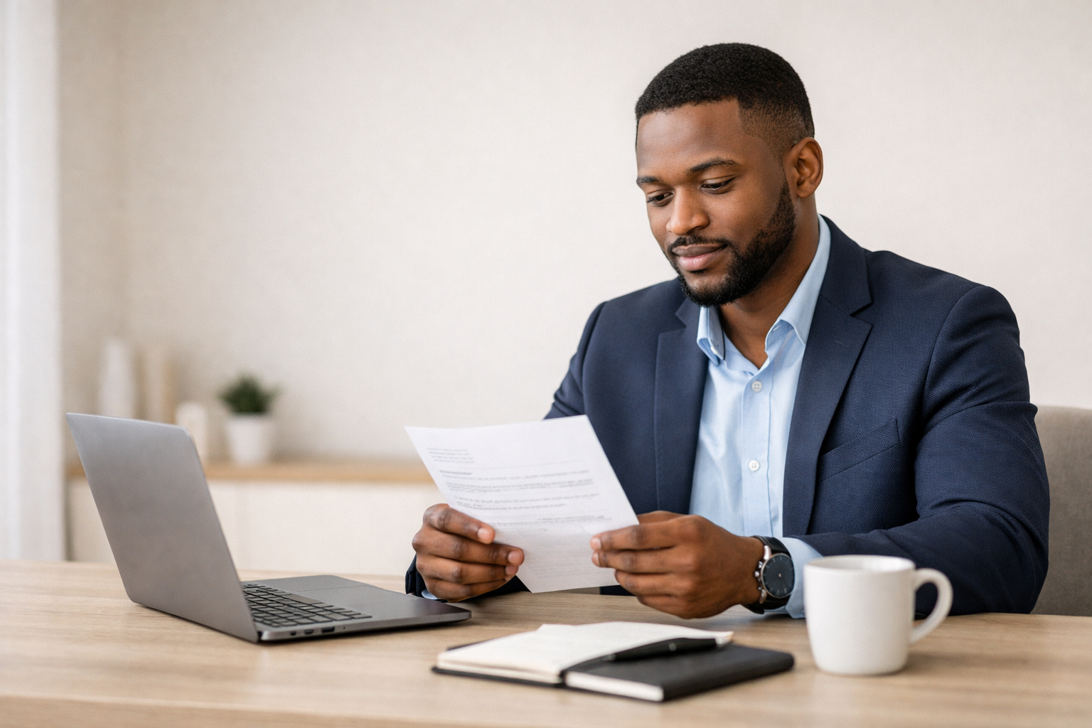 A confident Nigerian professional seated at a modern desk, reviewing a job offer on paper with a laptop, notebook, and coffee mug nearby, representing thoughtful salary negotiation and career decision-making